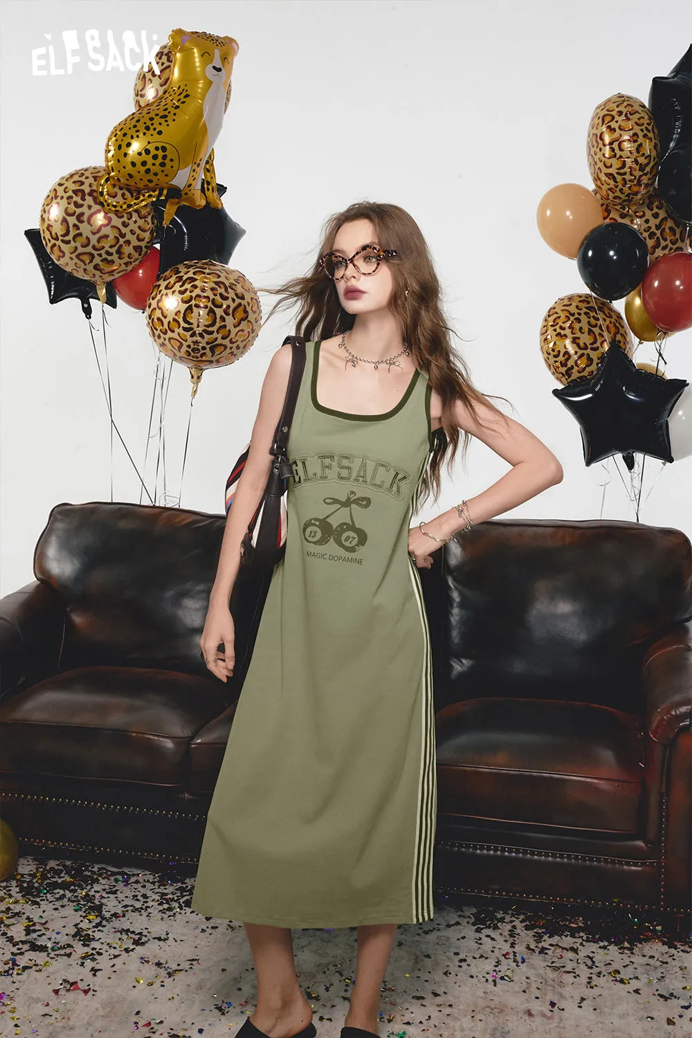 2024 Summer ELFSACK New Arrivals Contrast black print petite slim sexy vest suspender dress for women