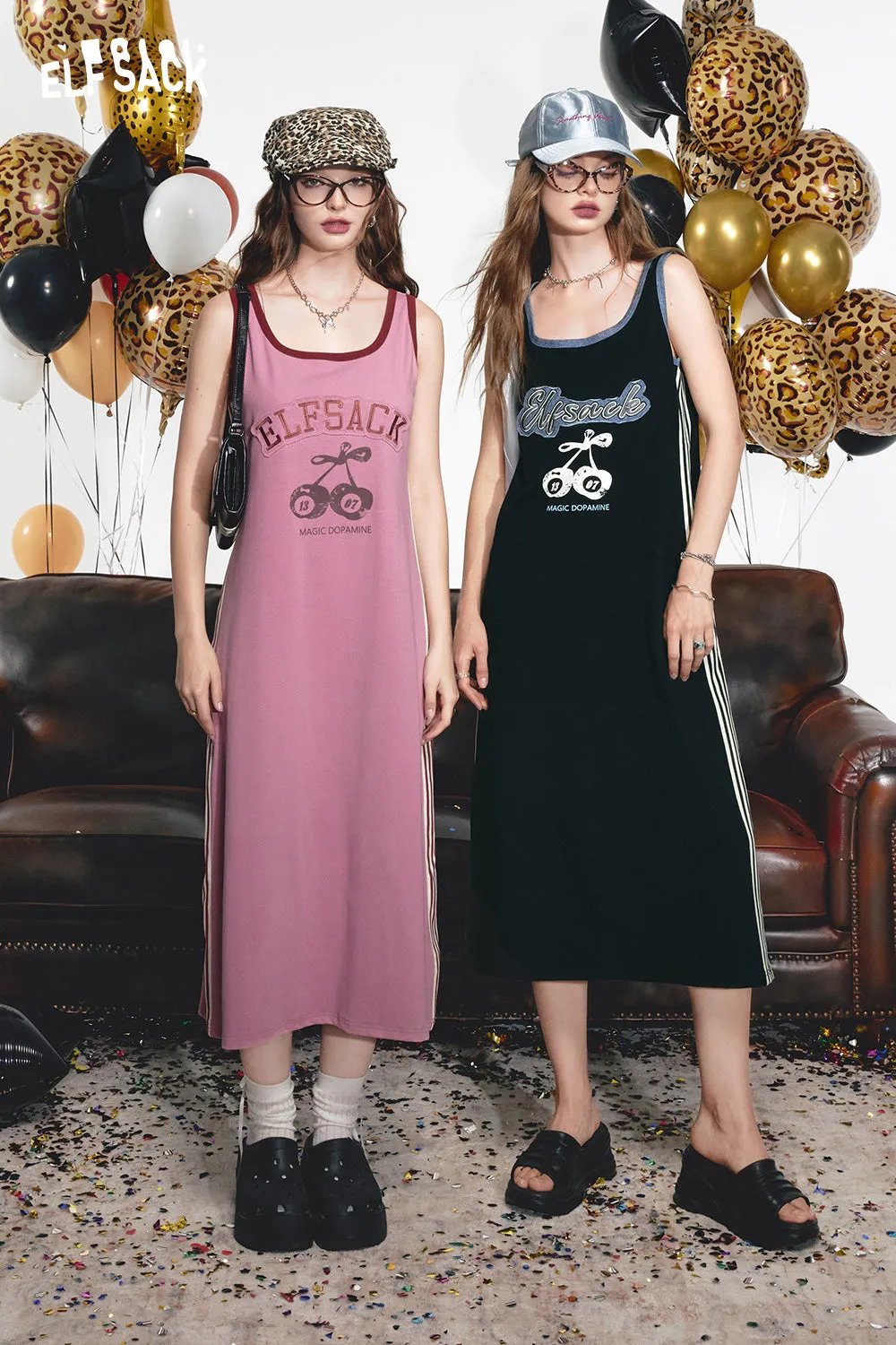 2024 Summer ELFSACK New Arrivals Contrast black print petite slim sexy vest suspender dress for women