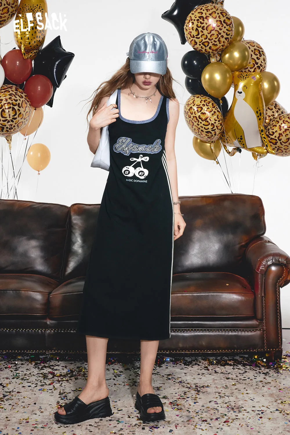 2024 Summer ELFSACK New Arrivals Contrast black print petite slim sexy vest suspender dress for women