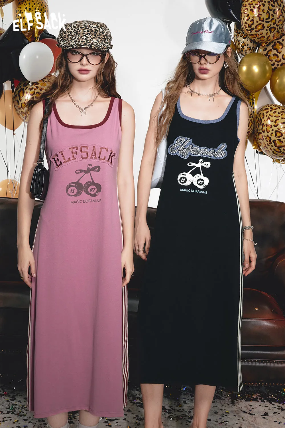 2024 Summer ELFSACK New Arrivals Contrast black print petite slim sexy vest suspender dress for women