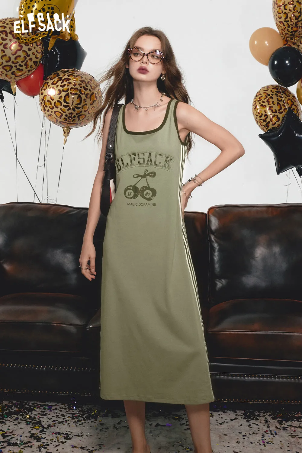 2024 Summer ELFSACK New Arrivals Contrast black print petite slim sexy vest suspender dress for women