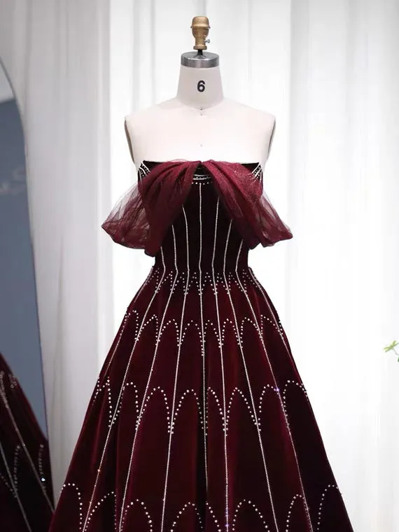 A-line Beaded Burgundy Long Prom Dress Pageant Dress Evening Dress #OPS001