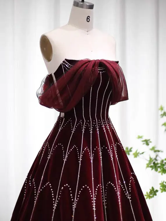 A-line Beaded Burgundy Long Prom Dress Pageant Dress Evening Dress #OPS001
