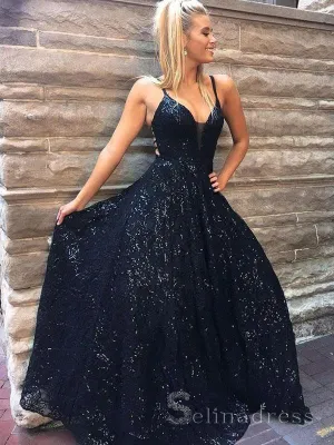 A-line Dark Navy Spaghetti Straps Lace Prom Dress Sparkly Long Evening Dresses #SED172