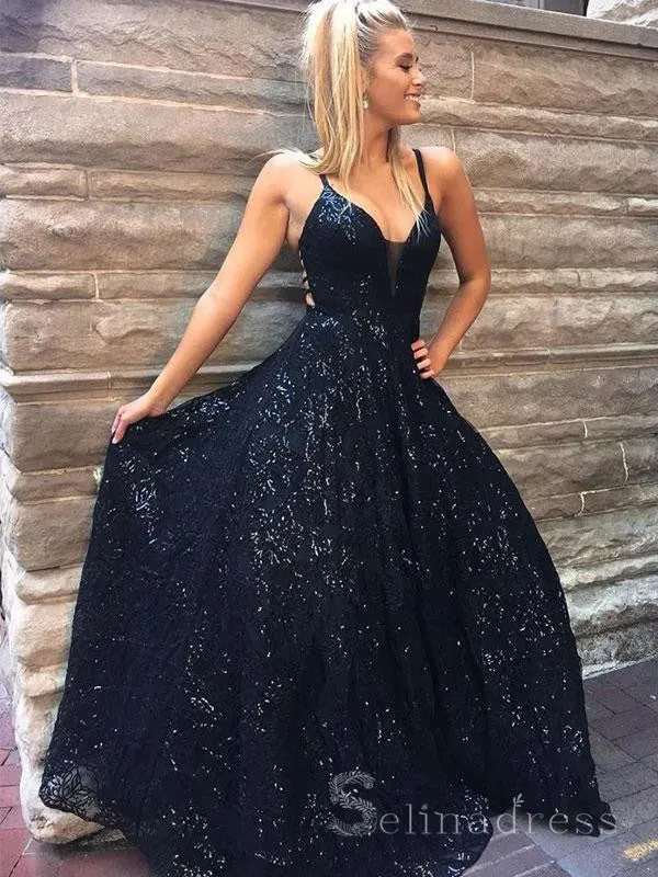 A-line Dark Navy Spaghetti Straps Lace Prom Dress Sparkly Long Evening Dresses #SED172