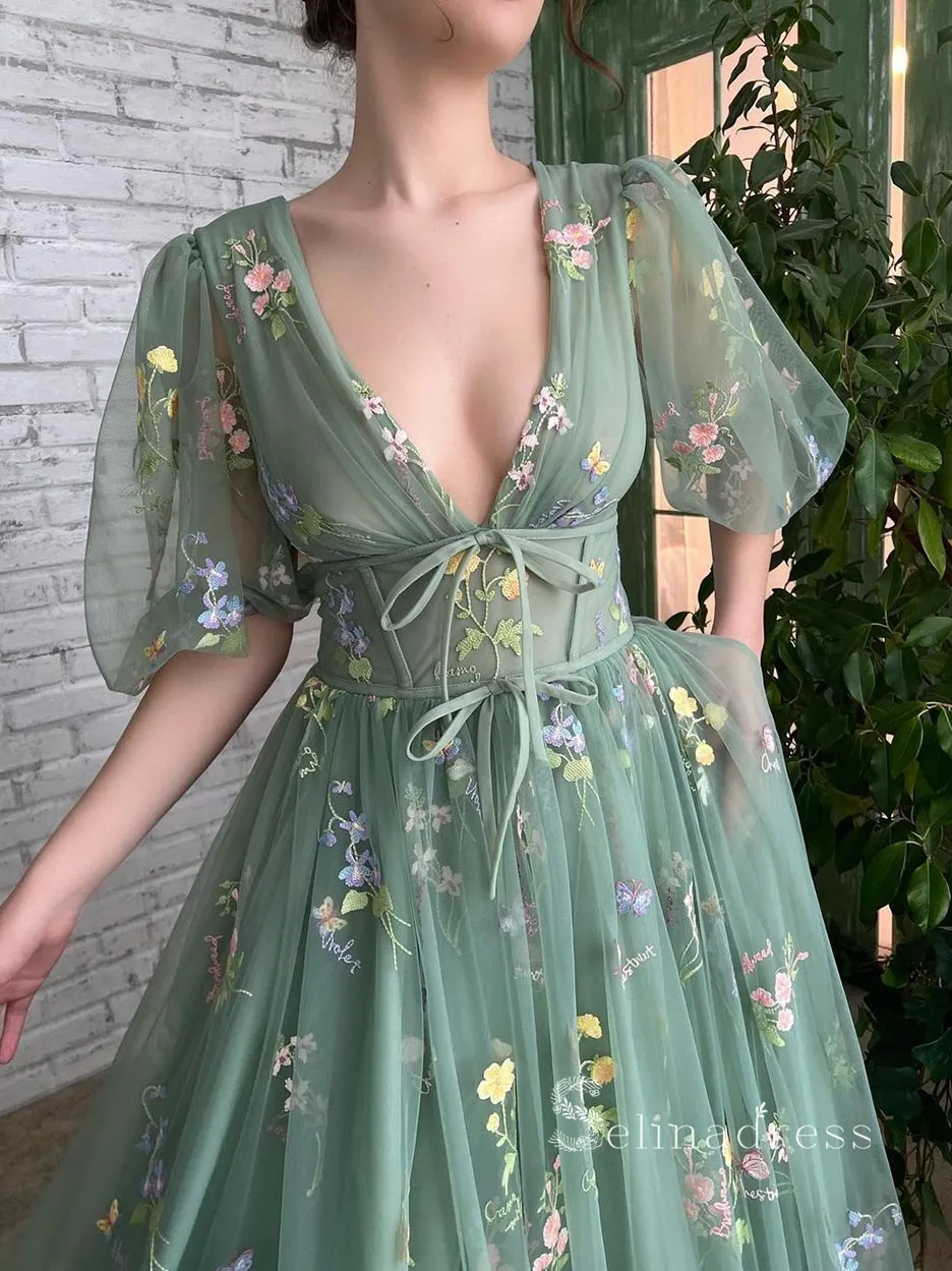 A-line Deep V Neck Half Sleeve Long Prom Dress With Flower Beautiful Evening Dresses HLK021