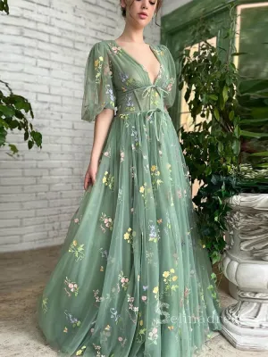 A-line Deep V Neck Half Sleeve Long Prom Dress With Flower Beautiful Evening Dresses HLK021