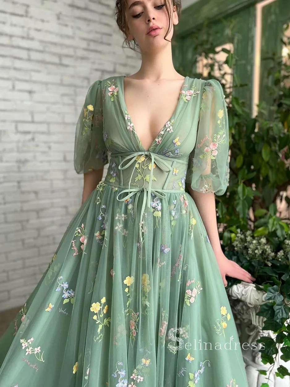 A-line Deep V Neck Half Sleeve Long Prom Dress With Flower Beautiful Evening Dresses HLK021