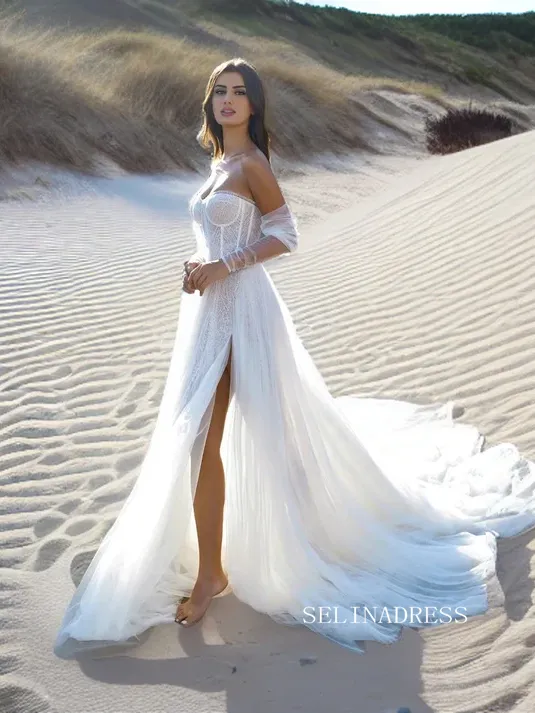 A-line Long Sleeve Beach Wedding Dresses Romantic Tulle Bridal Gown SEW0960