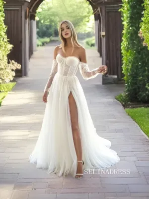 A-line Long Sleeve Beach Wedding Dresses Romantic Tulle Bridal Gown SEW0960