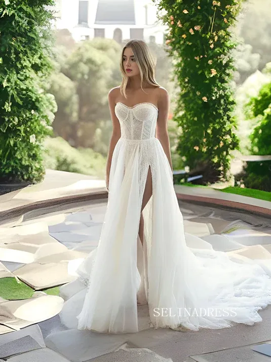 A-line Long Sleeve Beach Wedding Dresses Romantic Tulle Bridal Gown SEW0960