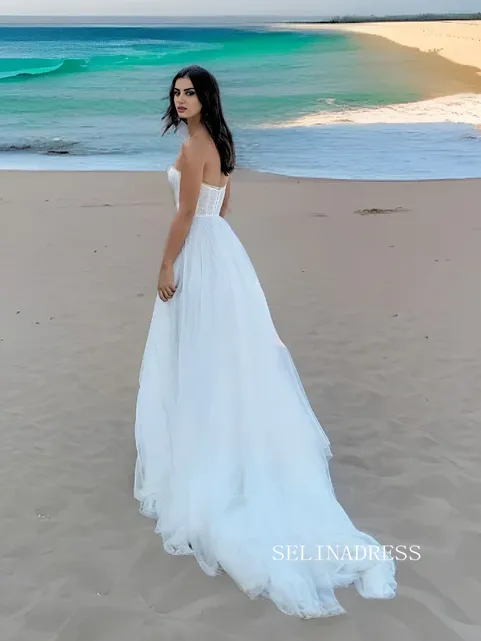 A-line Long Sleeve Beach Wedding Dresses Romantic Tulle Bridal Gown SEW0960