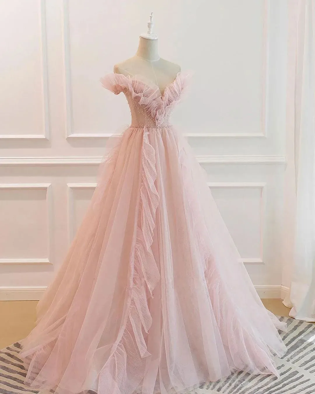 A-line Off-the-shoulder Blush Pink Long Prom Dress Ruffled Formal Dresses Evening Dress KPY064