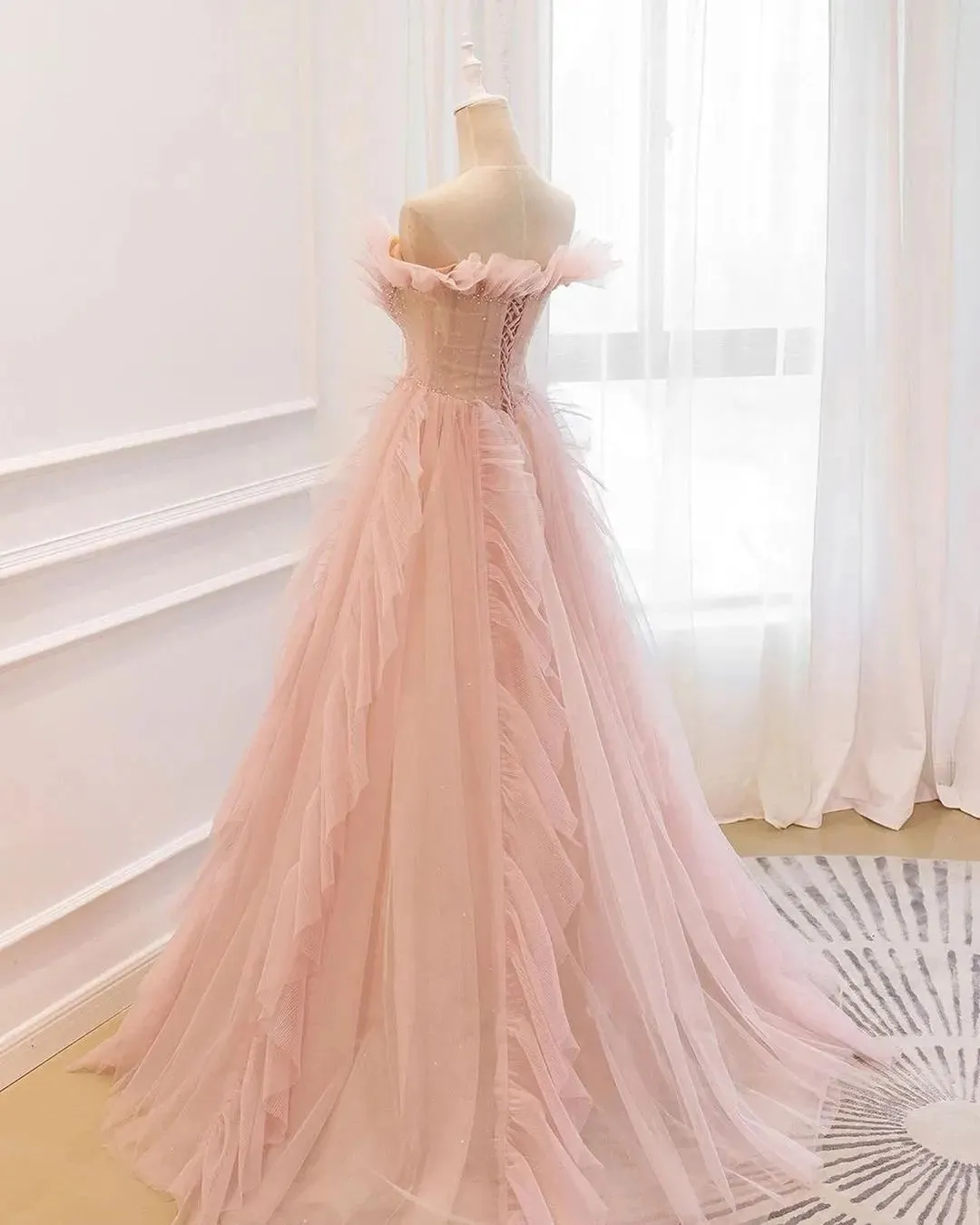 A-line Off-the-shoulder Blush Pink Long Prom Dress Ruffled Formal Dresses Evening Dress KPY064