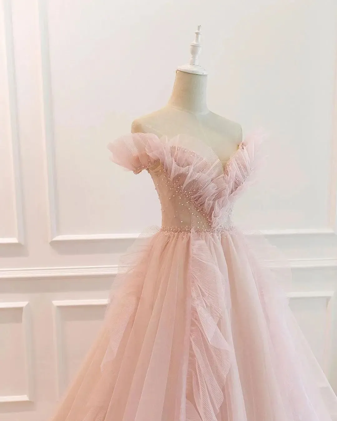 A-line Off-the-shoulder Blush Pink Long Prom Dress Ruffled Formal Dresses Evening Dress KPY064