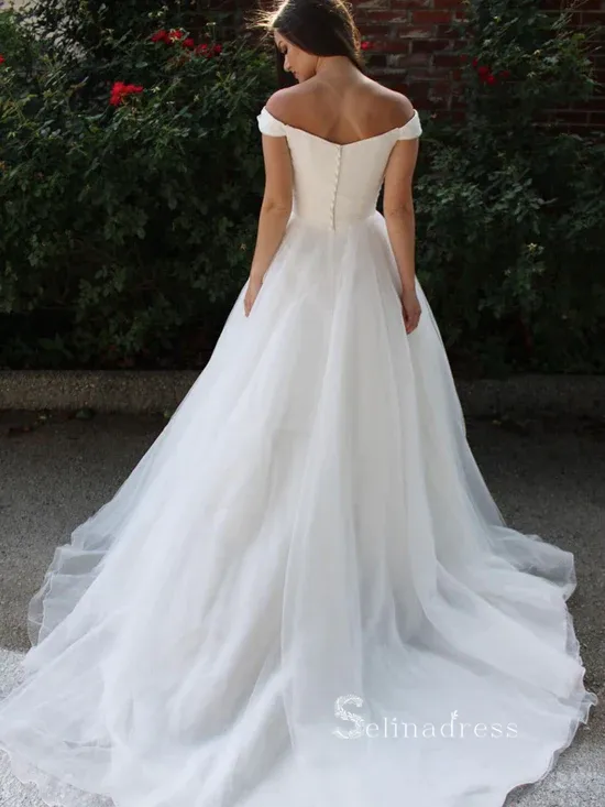 A-line Off-the-shoulder White Wedding Dress Tulle Formal Dress cbd497