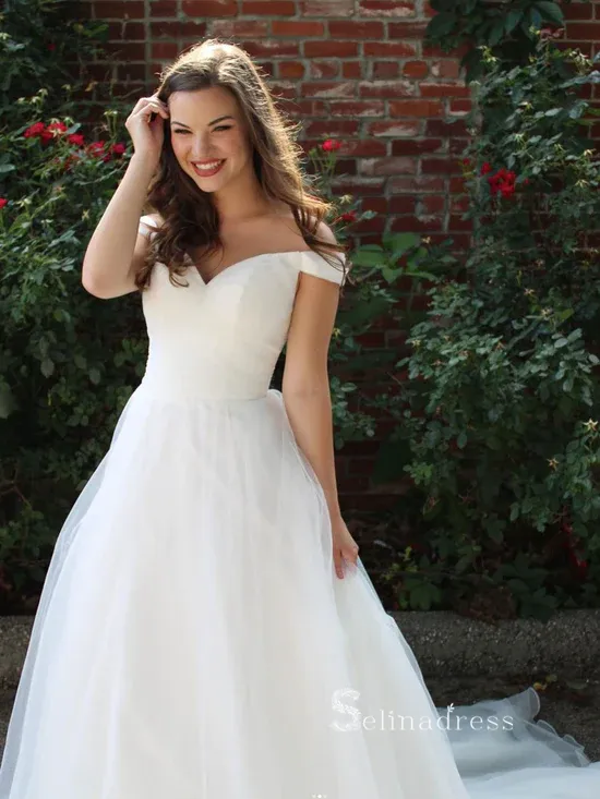 A-line Off-the-shoulder White Wedding Dress Tulle Formal Dress cbd497
