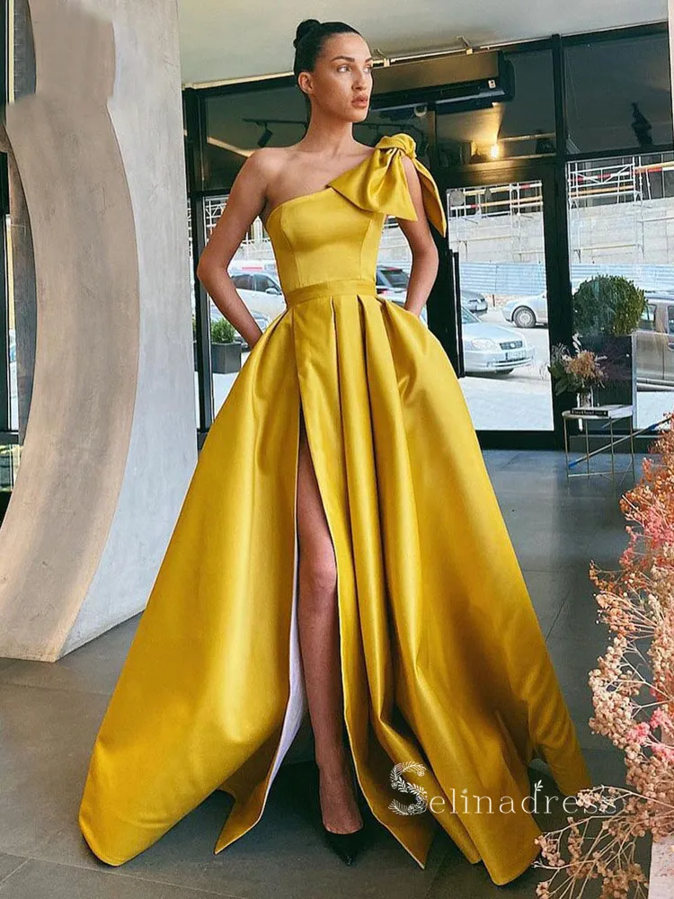A-line One Shoulder Long Prom Dress With Bow Thigh Split Satin Evening Dresses HLK022