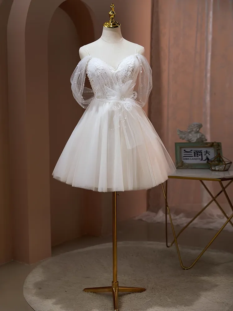 A-line Spaghetti Straps Unique White Short Prom Dress Juniors Cute Homecoming Dresses kts011