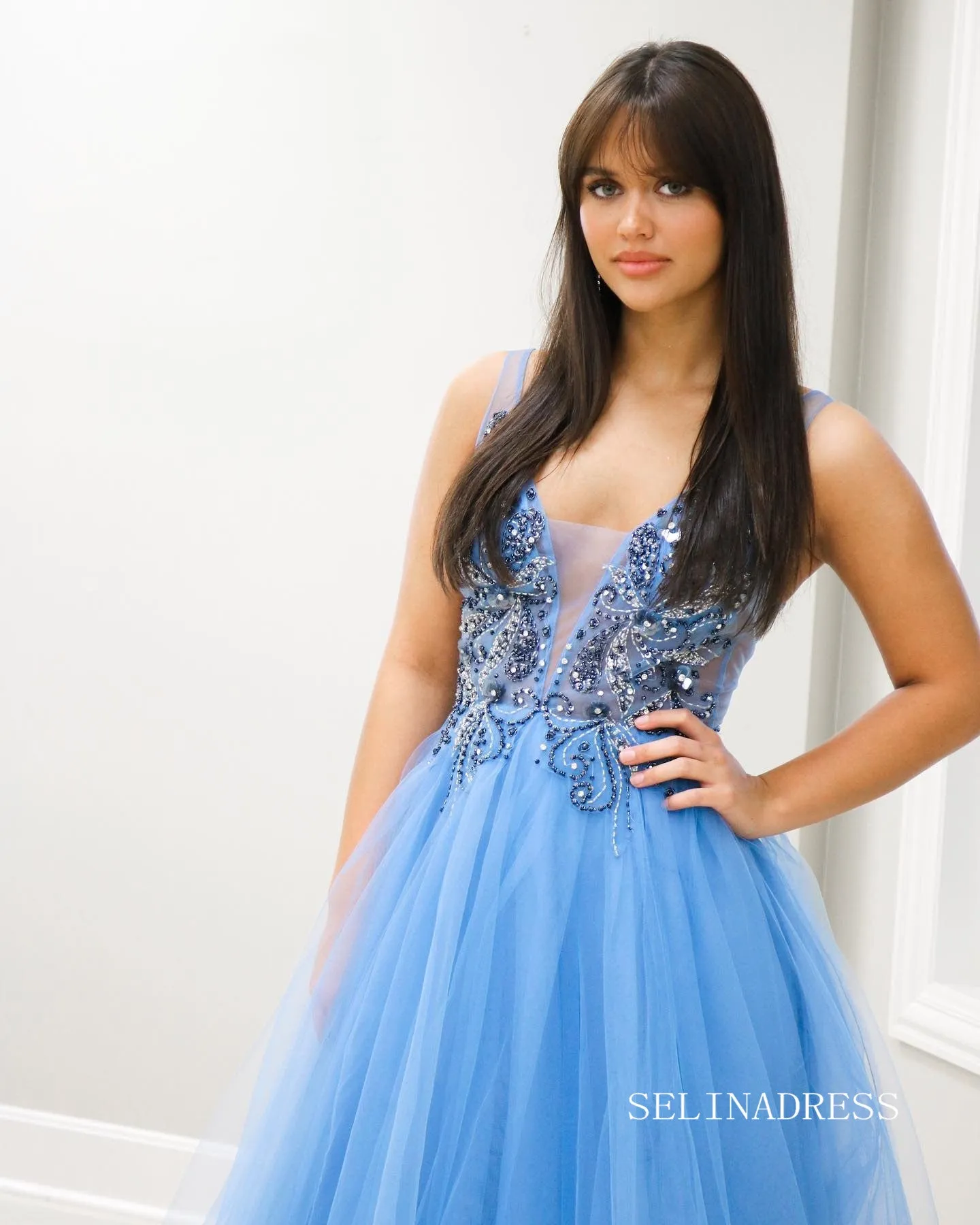 A-line Straps Beaded Blue Long Prom Dress lpk802