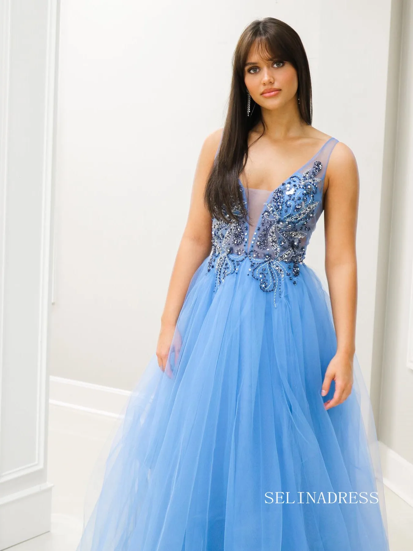 A-line Straps Beaded Blue Long Prom Dress lpk802