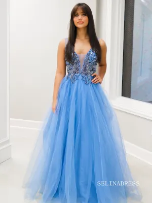 A-line Straps Beaded Blue Long Prom Dress lpk802