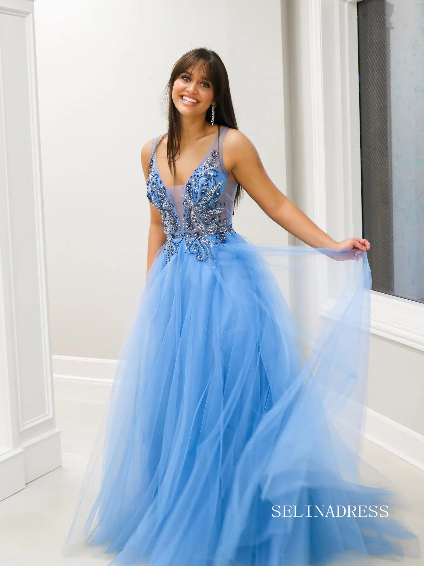 A-line Straps Beaded Blue Long Prom Dress lpk802