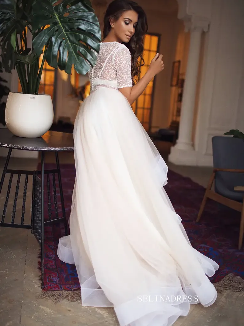 A-line Two Pieces White Wedding Dress Sparkly Short Sleeve Sequins Bridal Dresses KTC005