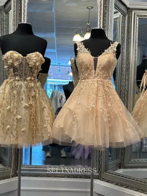 A-line V neck Beautiful Lace Short Prom Dress Cute Tulle Homecoming Dress LOP018