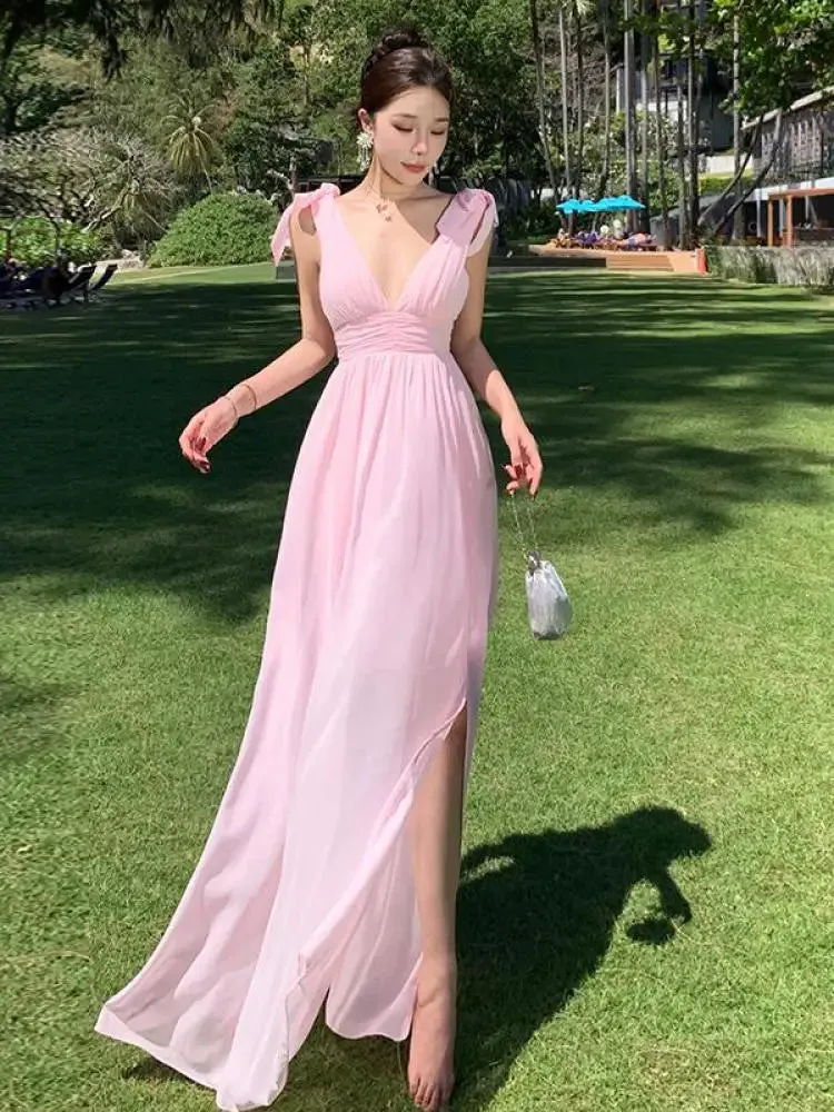 Aiertu Pink High Waist Women Temperament Backless Pleated Vest Dress Summer 2024 New Ladies V-neck Sleeveless Elegant Long Dresses Robe