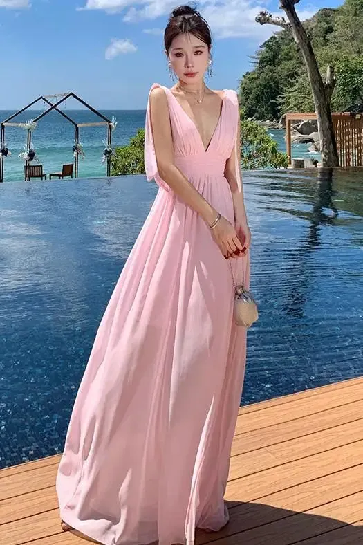Aiertu Pink High Waist Women Temperament Backless Pleated Vest Dress Summer 2024 New Ladies V-neck Sleeveless Elegant Long Dresses Robe