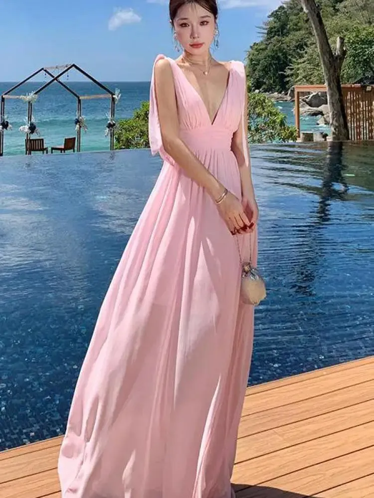 Aiertu Pink High Waist Women Temperament Backless Pleated Vest Dress Summer 2024 New Ladies V-neck Sleeveless Elegant Long Dresses Robe