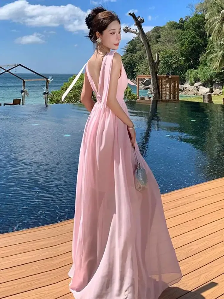 Aiertu Pink High Waist Women Temperament Backless Pleated Vest Dress Summer 2024 New Ladies V-neck Sleeveless Elegant Long Dresses Robe