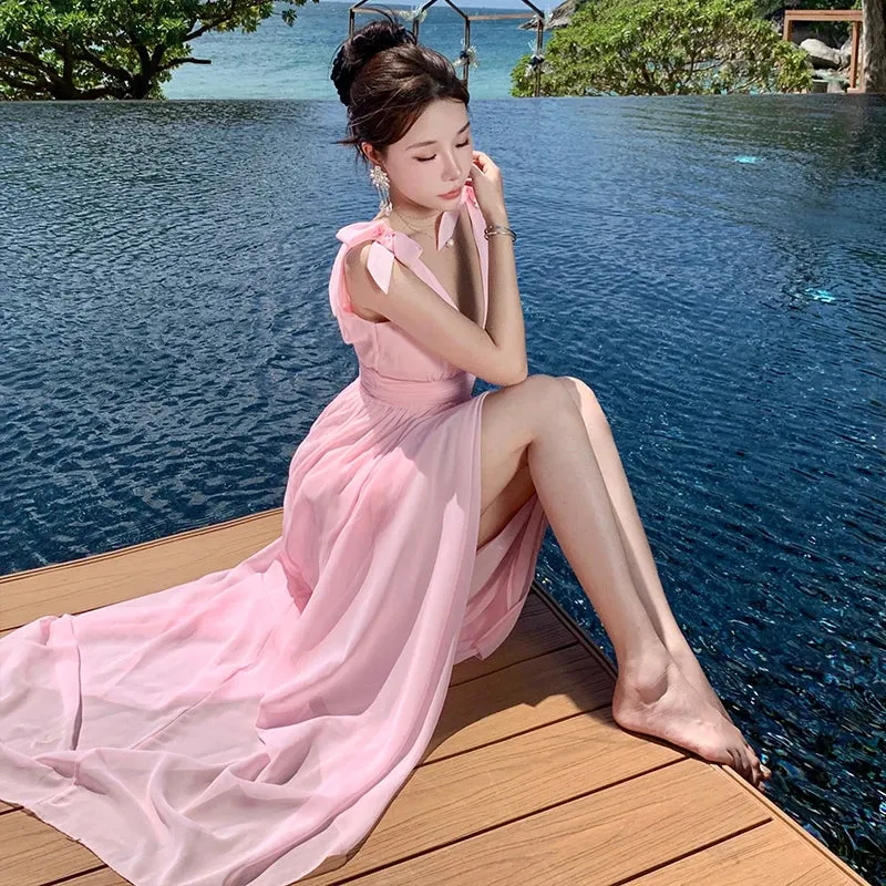 Aiertu Pink High Waist Women Temperament Backless Pleated Vest Dress Summer 2024 New Ladies V-neck Sleeveless Elegant Long Dresses Robe