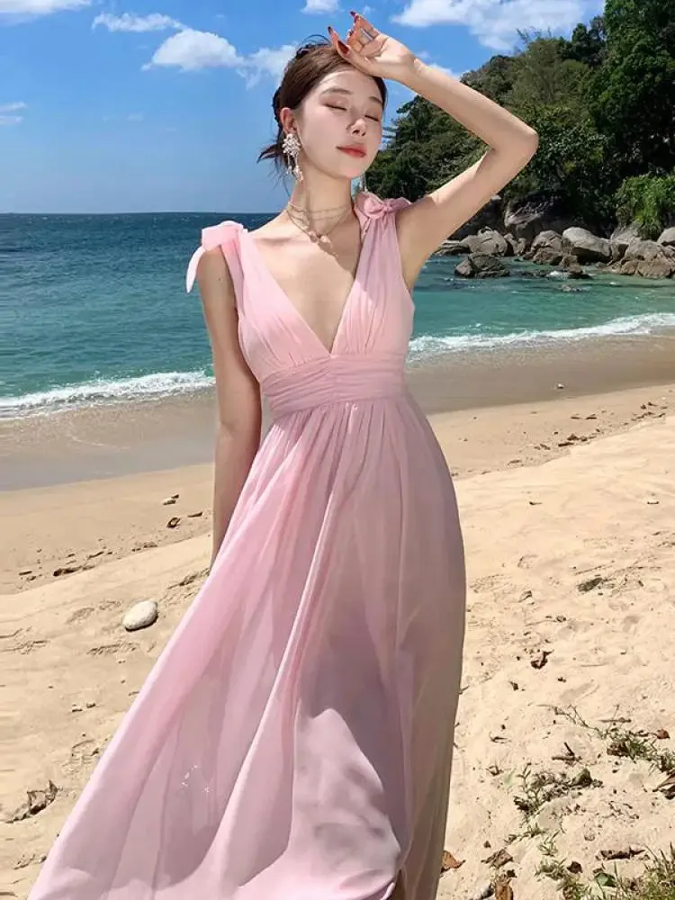 Aiertu Pink High Waist Women Temperament Backless Pleated Vest Dress Summer 2024 New Ladies V-neck Sleeveless Elegant Long Dresses Robe