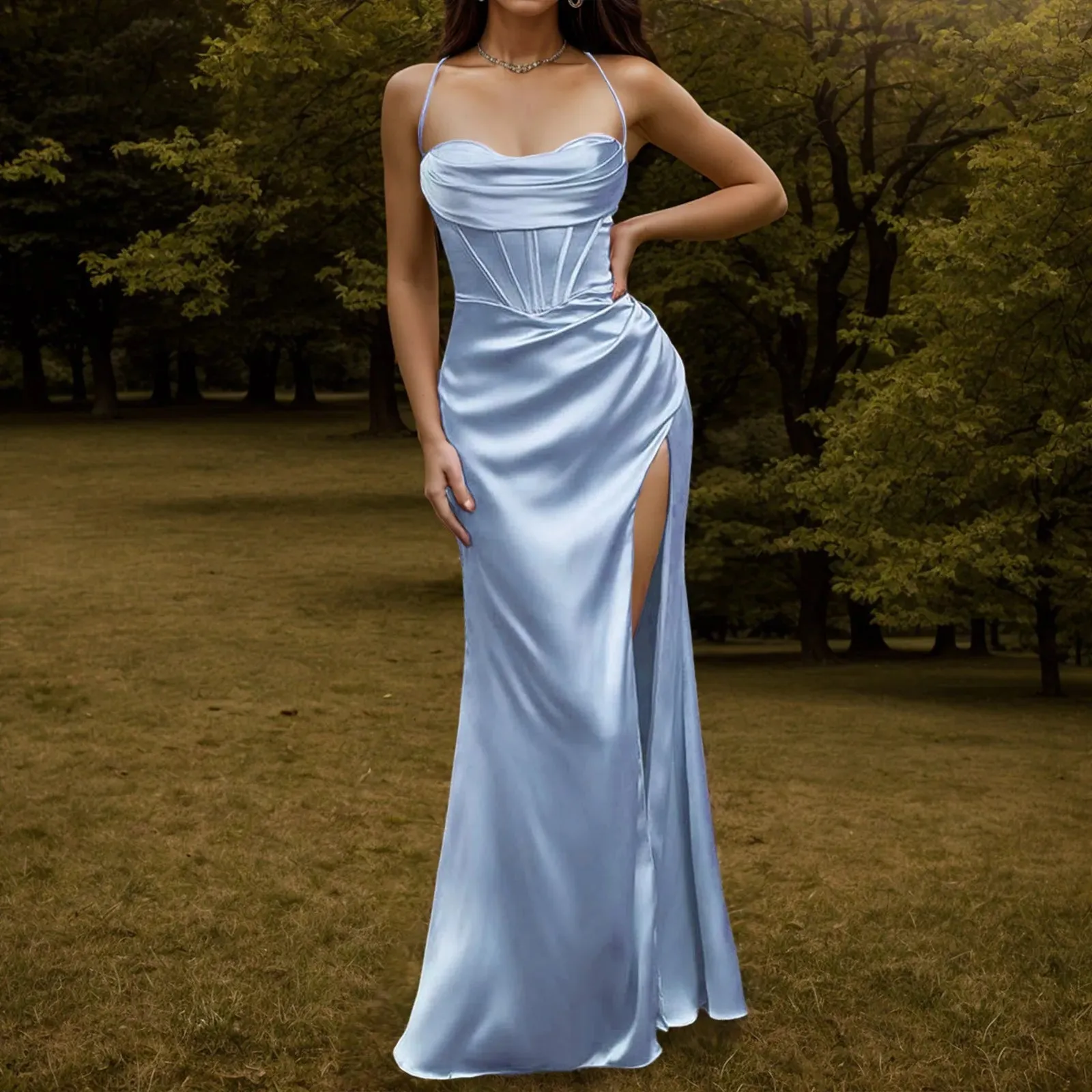 Backless Slit Suspender Formal Evening Lace Up Solid High Waist Graduation Casual Sexy Dress