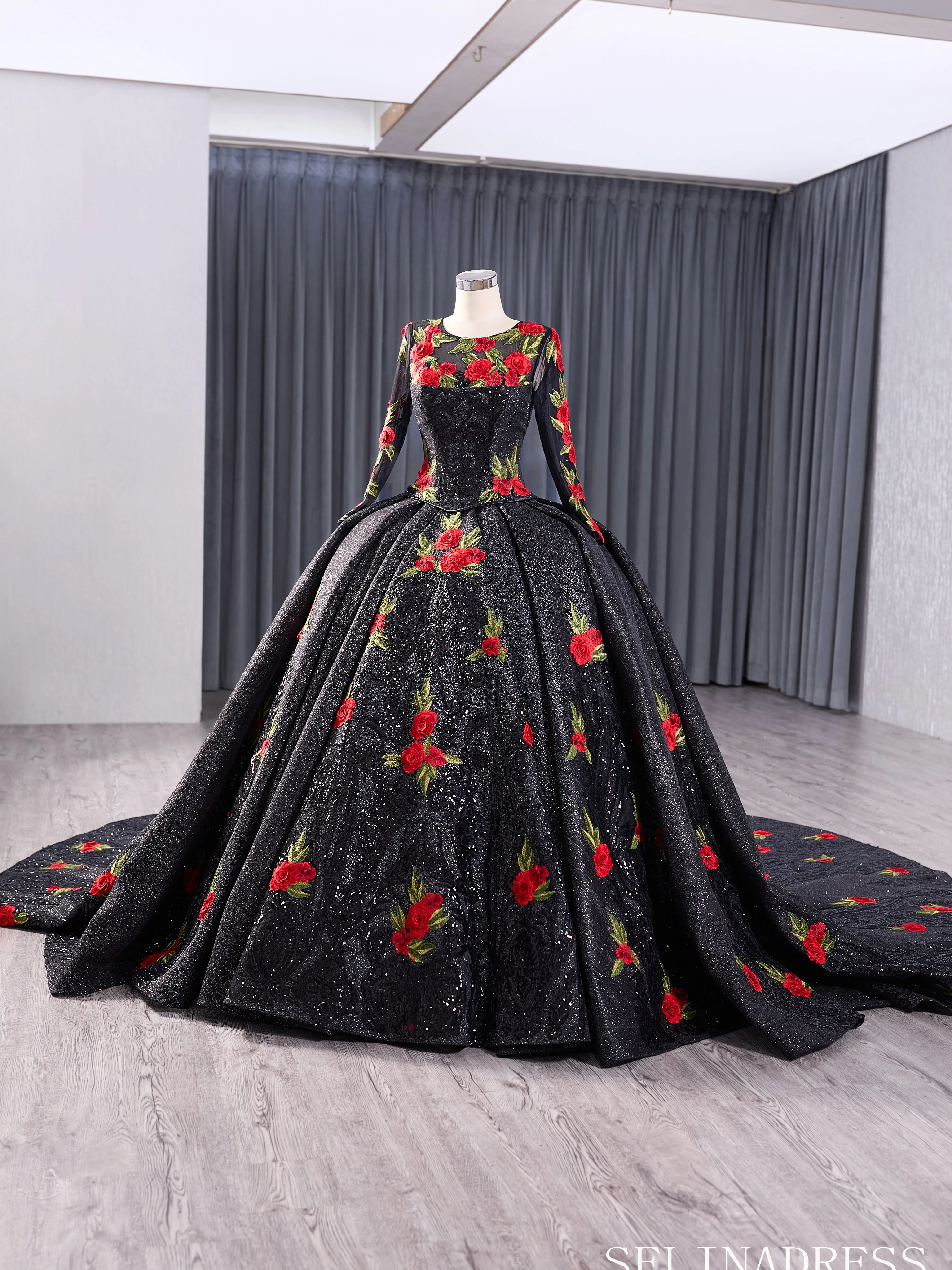 Black Flower Satin Wedding Dress Long Sleeve Quinceanera Dress 241038