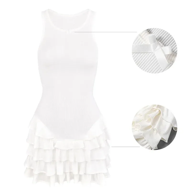 Black Friday Joskaa Fashion Ruffle Tiered Vest Dress For Women Club Party Sexy Mini Dress Hot Girl Bow Patchwork Sleeveless Slim Fit Outfits