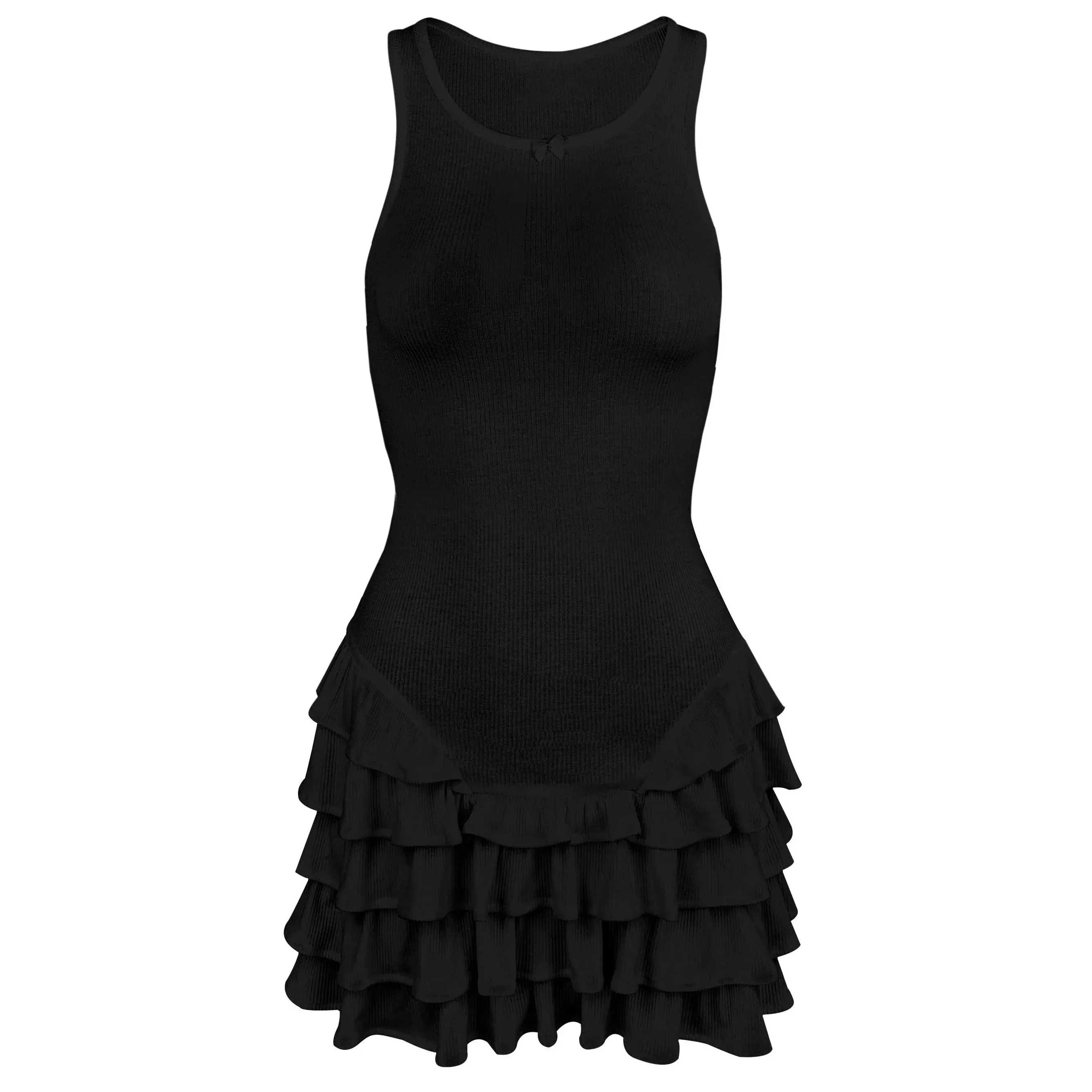 Black Friday Joskaa Fashion Ruffle Tiered Vest Dress For Women Club Party Sexy Mini Dress Hot Girl Bow Patchwork Sleeveless Slim Fit Outfits