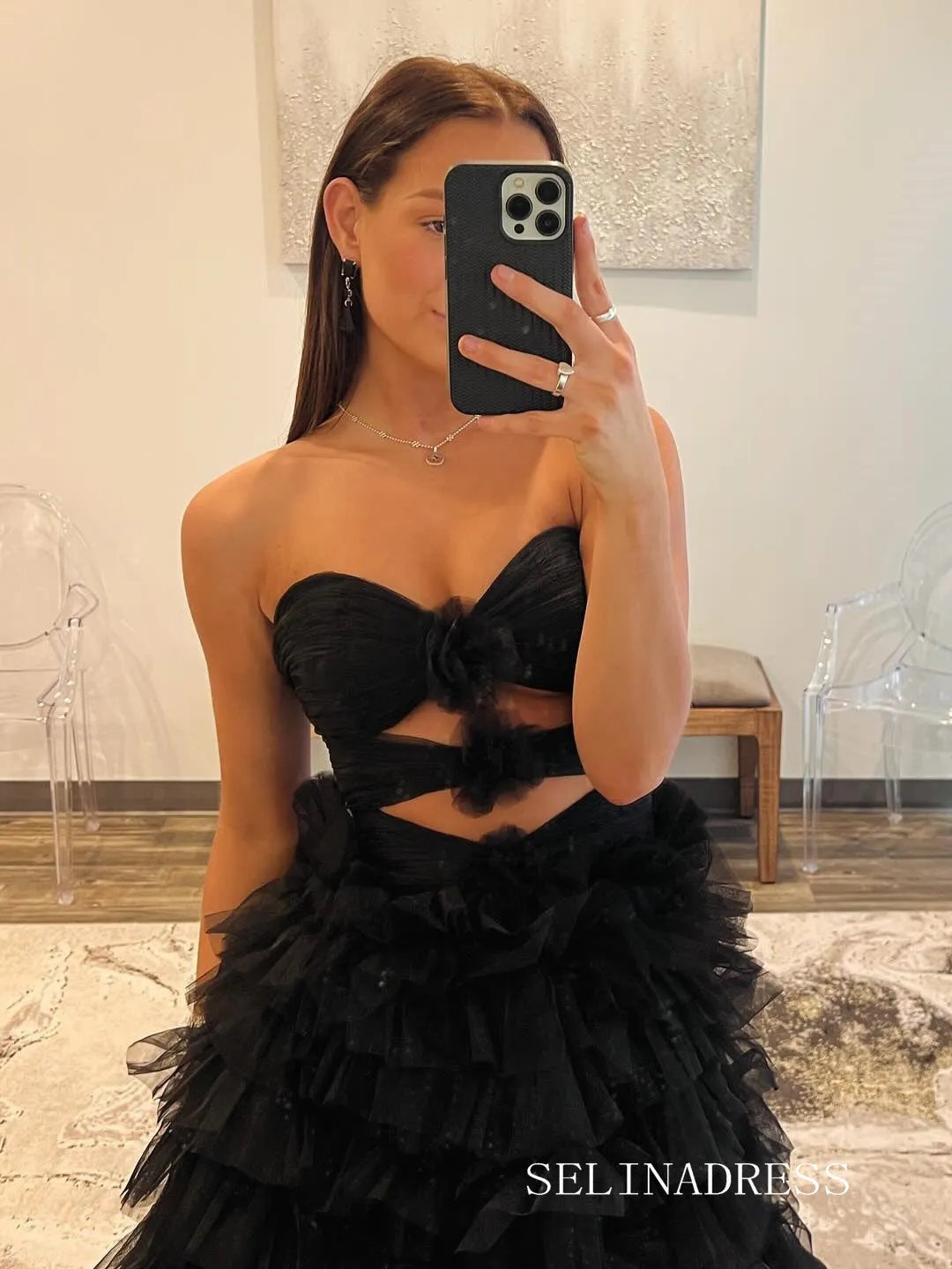 Charming Black Sweetheart Tulle Long Prom Dress with Ruffles - Affordable Evening Gown