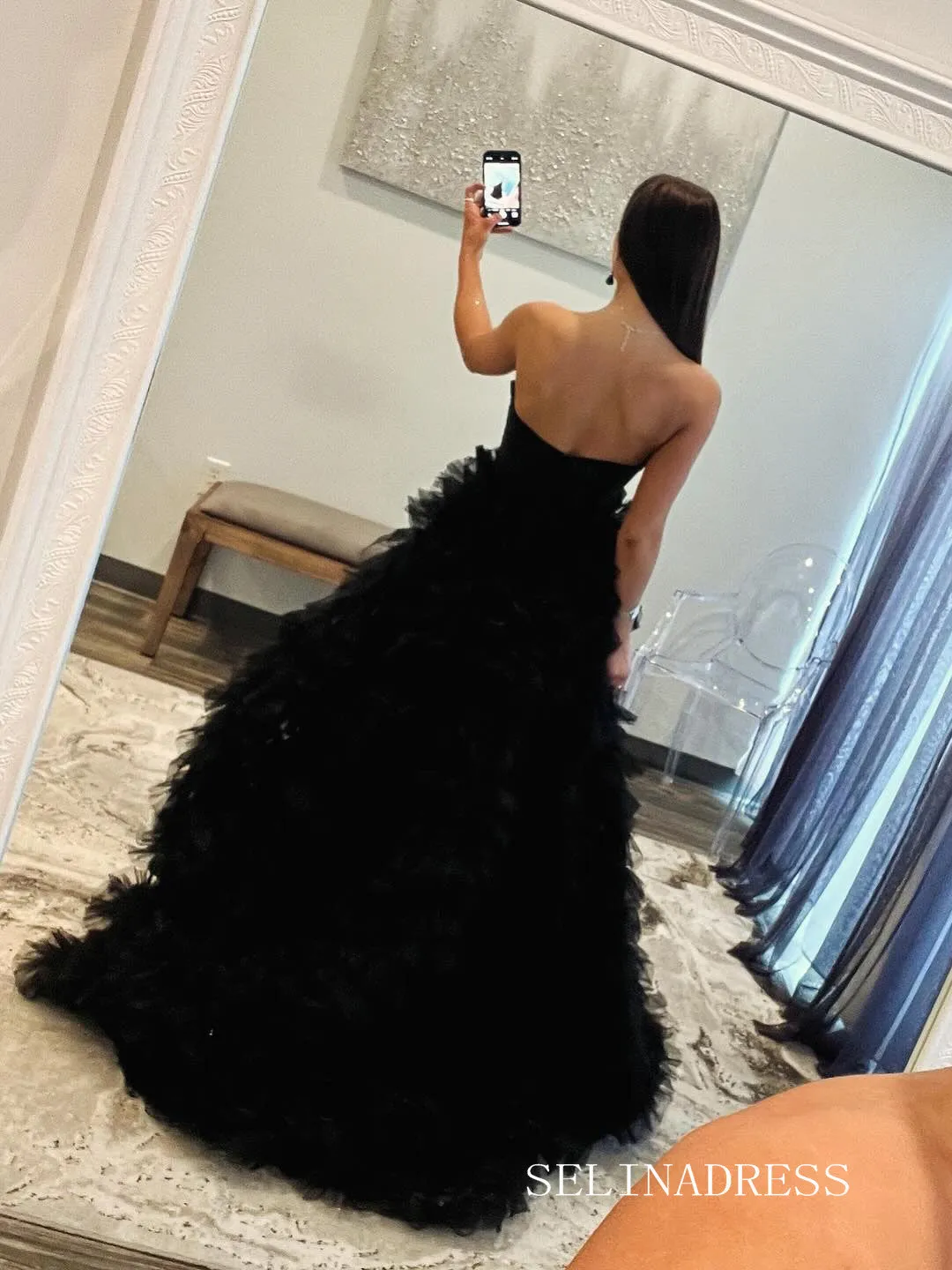 Charming Black Sweetheart Tulle Long Prom Dress with Ruffles - Affordable Evening Gown