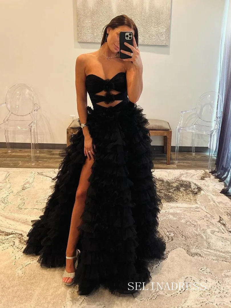 Charming Black Sweetheart Tulle Long Prom Dress with Ruffles - Affordable Evening Gown