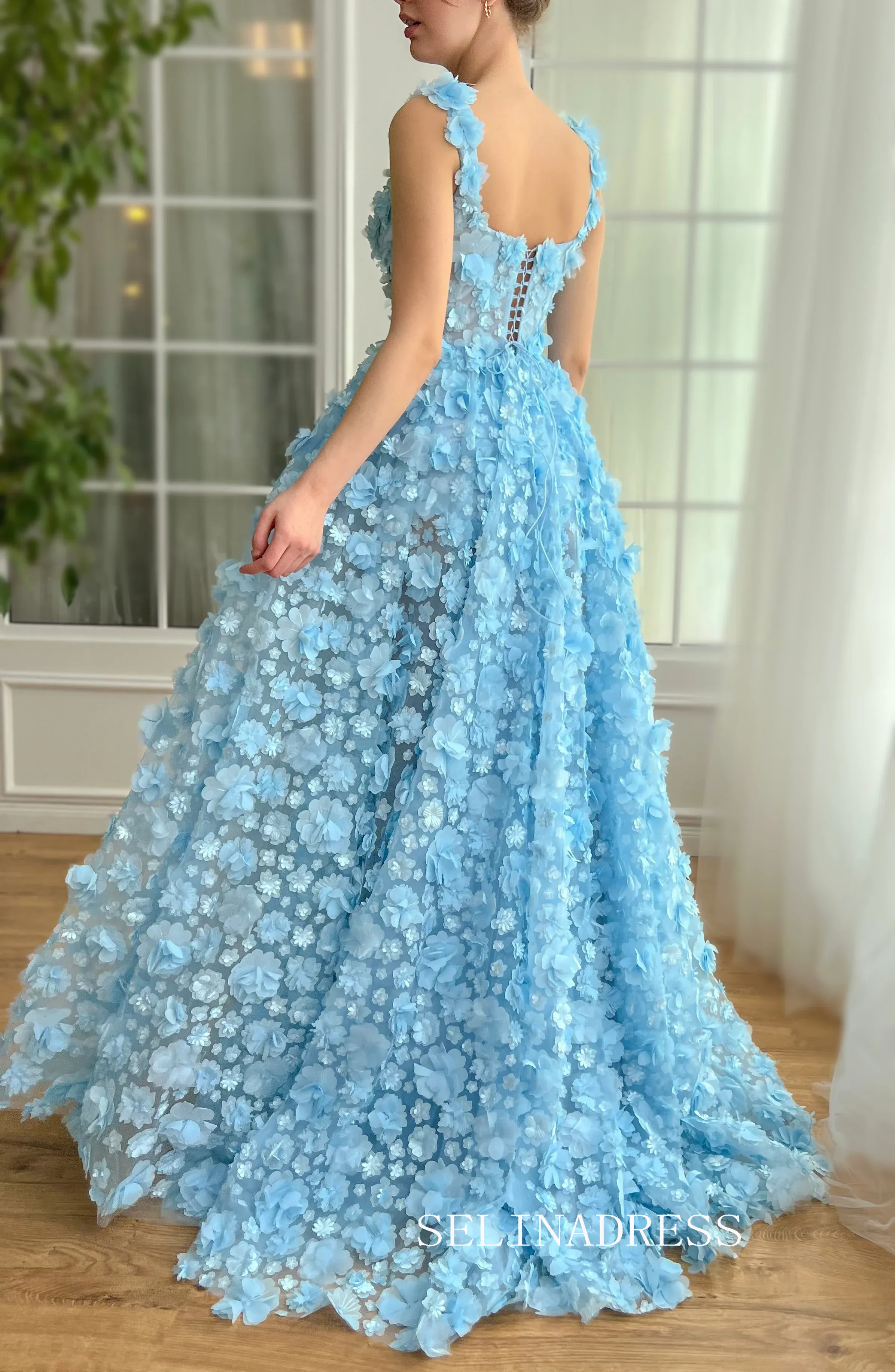 Blue 3D Flower Long Prom Dress Straps Evening Dress With Slit EWR313