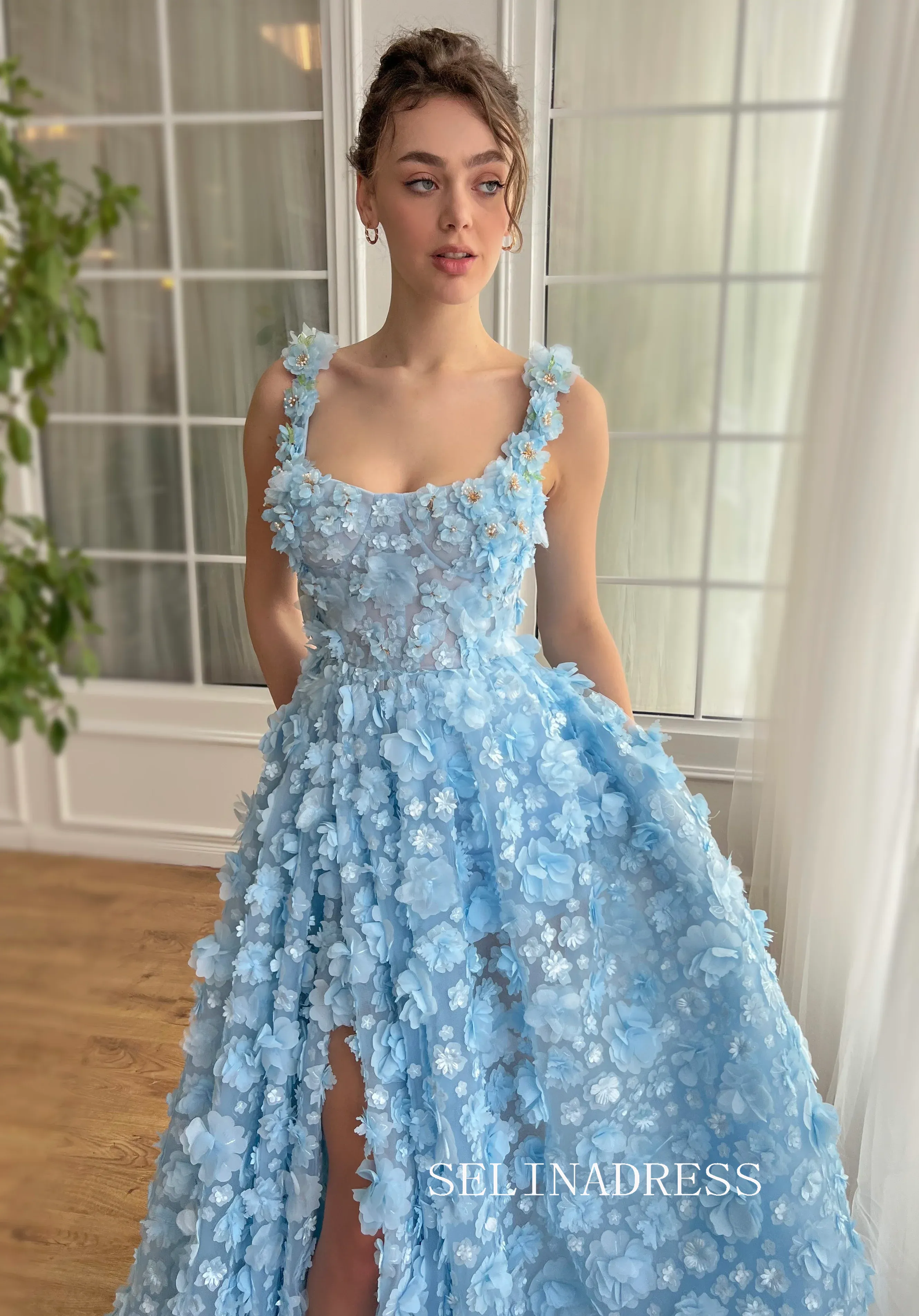 Blue 3D Flower Long Prom Dress Straps Evening Dress With Slit EWR313