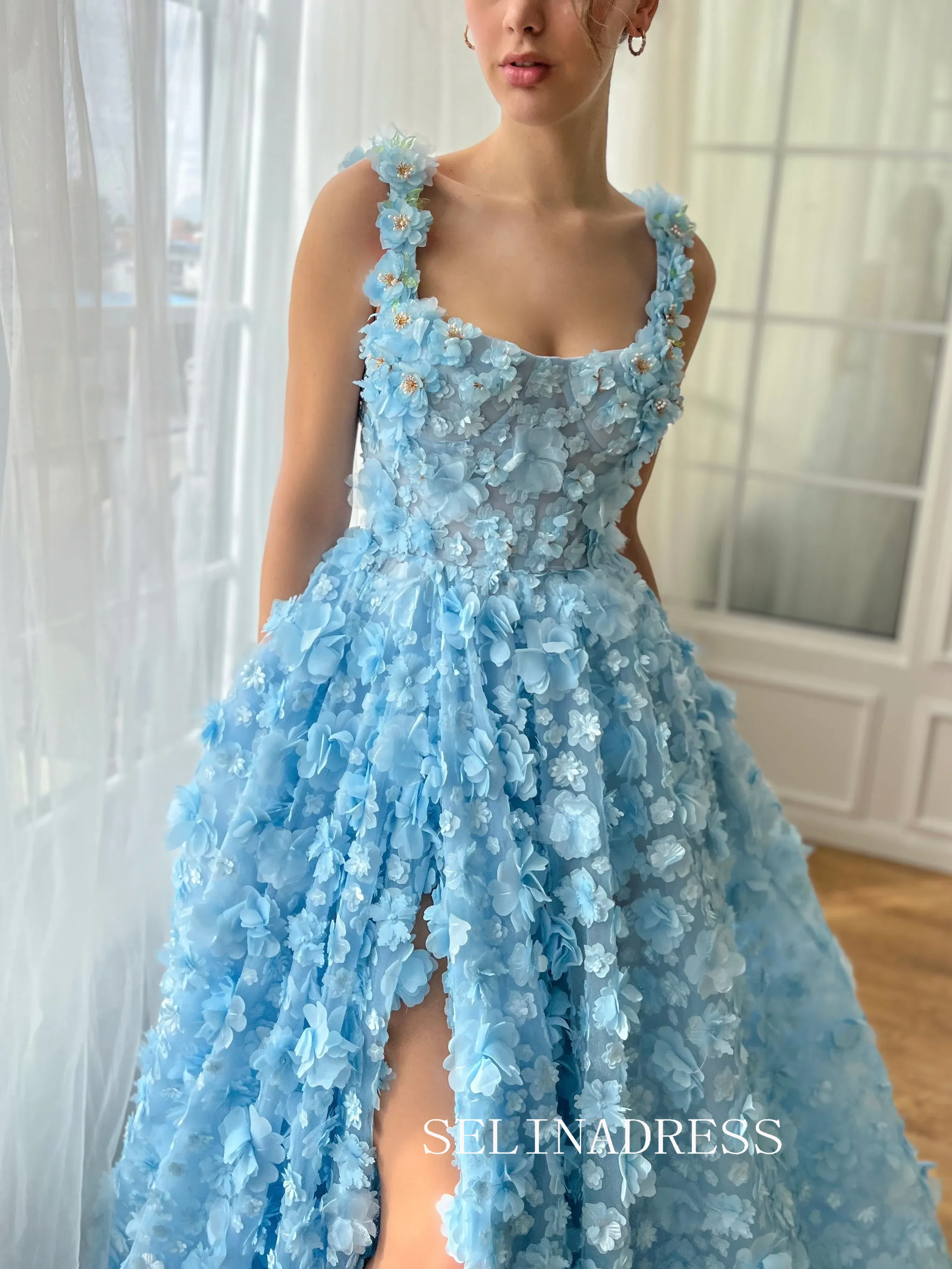 Blue 3D Flower Long Prom Dress Straps Evening Dress With Slit EWR313