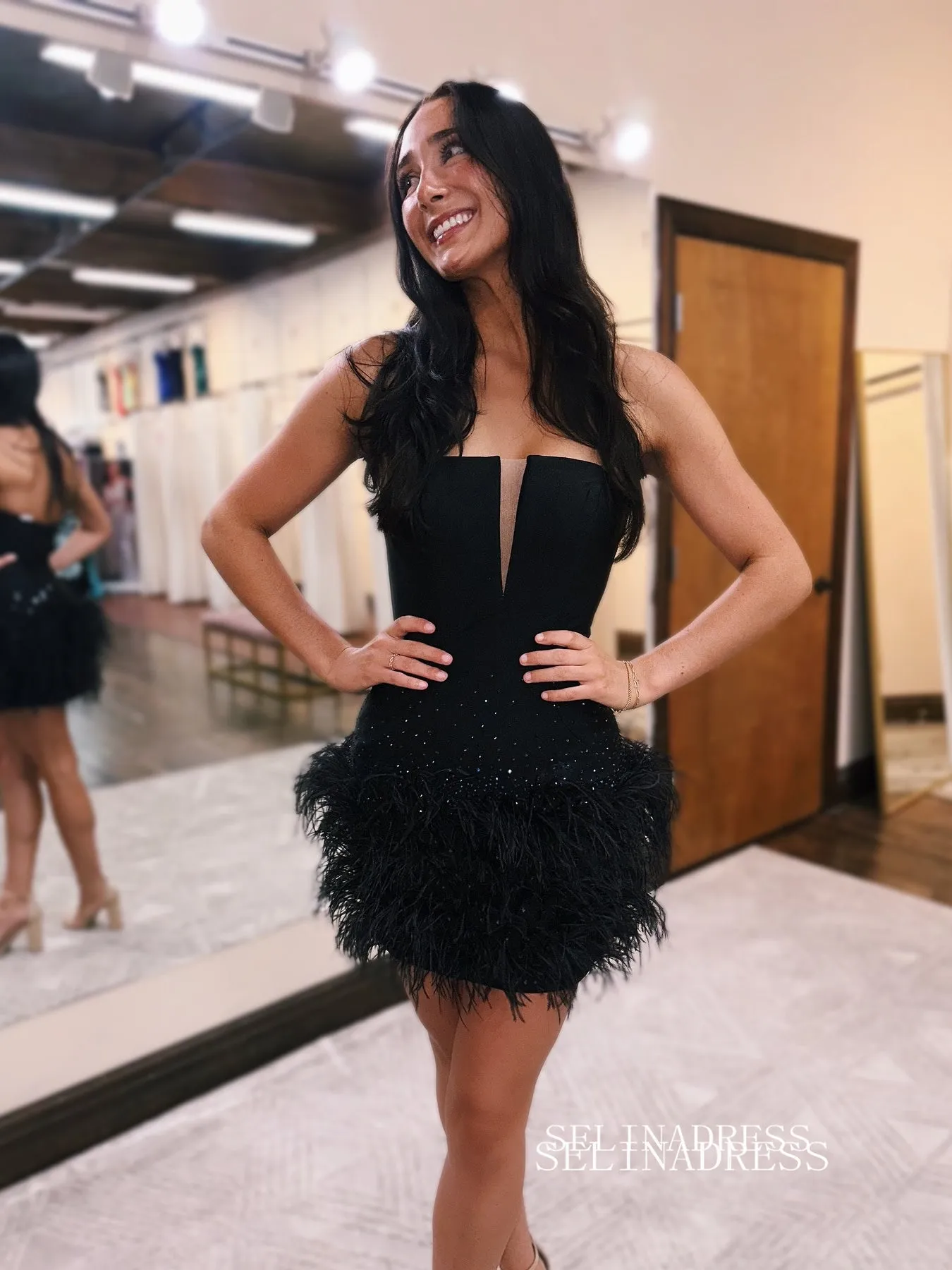 Blue Short Prom Dress Sheath/Column Feather Homecoming Dress EWR460