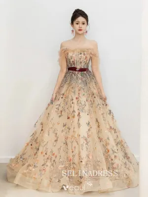 Champagne Off-The-Shoulder Floral Long Sleeve Prom Dress Flower Formal Dresses TKL2107