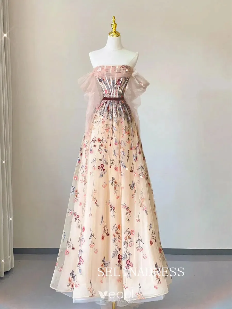 Champagne Off-The-Shoulder Floral Long Sleeve Prom Dress Flower Formal Dresses TKL2107