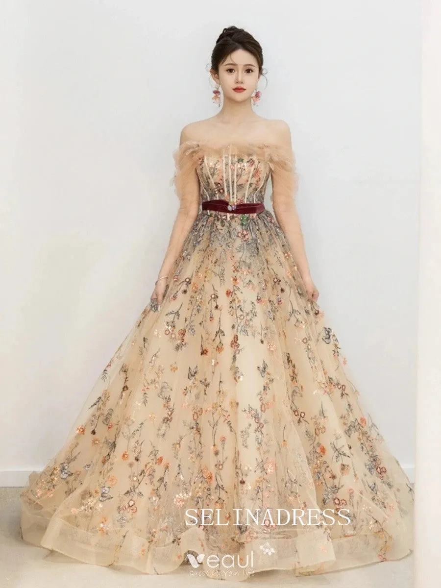 Champagne Off-The-Shoulder Floral Long Sleeve Prom Dress Flower Formal Dresses TKL2107