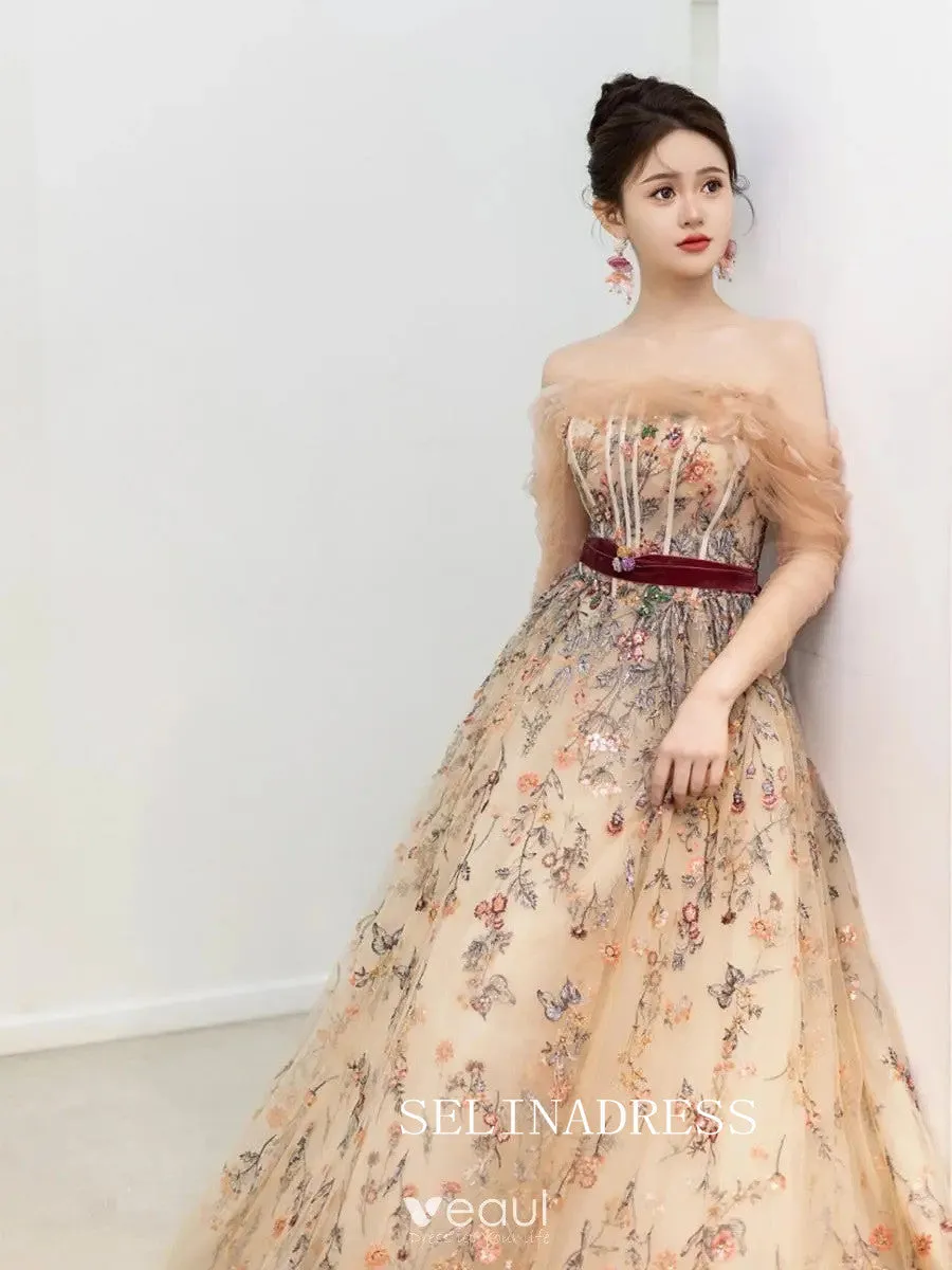 Champagne Off-The-Shoulder Floral Long Sleeve Prom Dress Flower Formal Dresses TKL2107